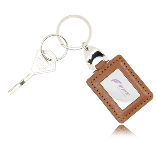 Square Leather Keychain With Metal Plate